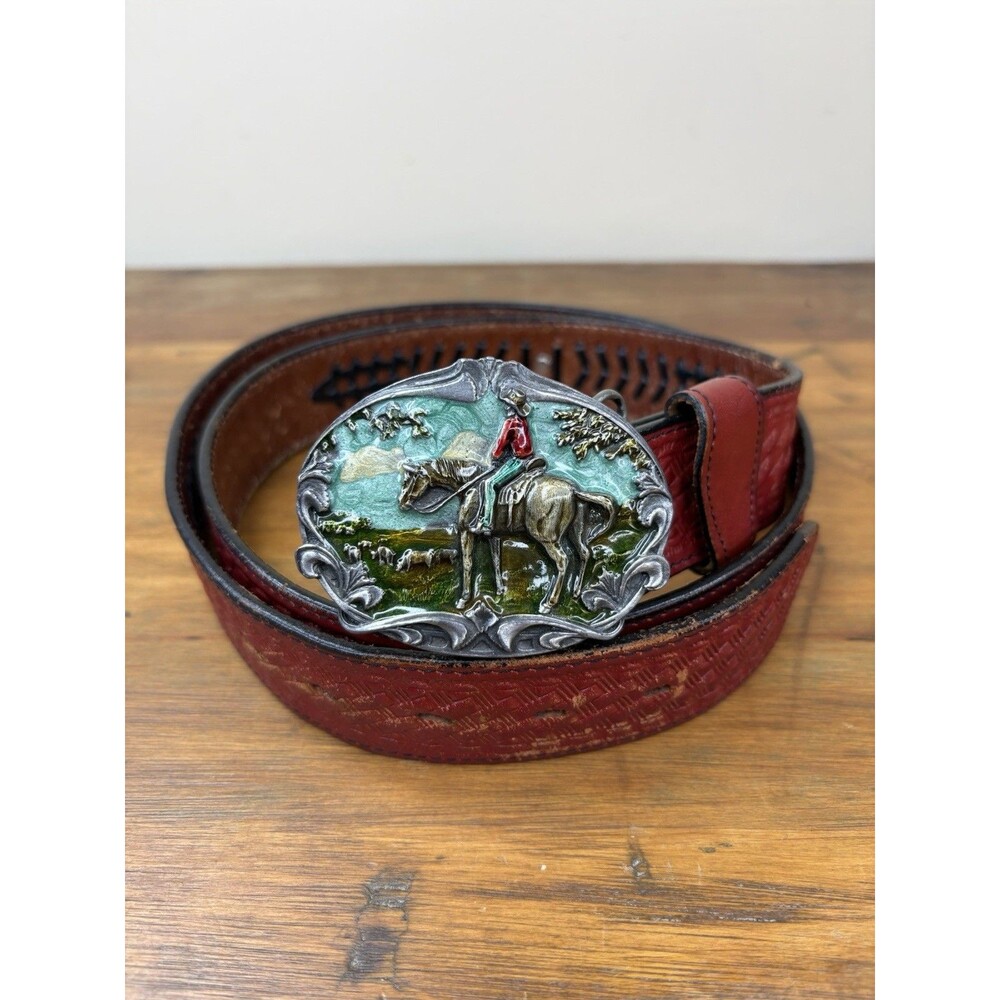 Vintage 1985 Bergamot Brass Works Cowboy Belt Buckle Torel Texas Leather Belt 42